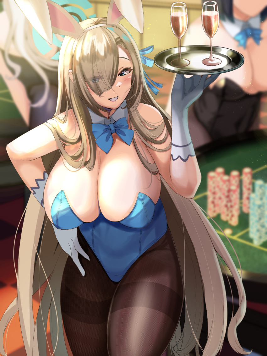 3girls asuna_(blue_archive) black_leotard blue_archive blue_bow blue_bowtie blue_leotard blurry blurry_background bow bowtie breasts casino cleavage collarbone detached_collar elbow_gloves gloves grin hair_over_one_eye highres holding holding_tray huge_breasts leotard light_brown_hair long_hair looking_at_viewer multiple_girls playboy_bunny smile solo_focus tray valfer very_long_hair white_gloves