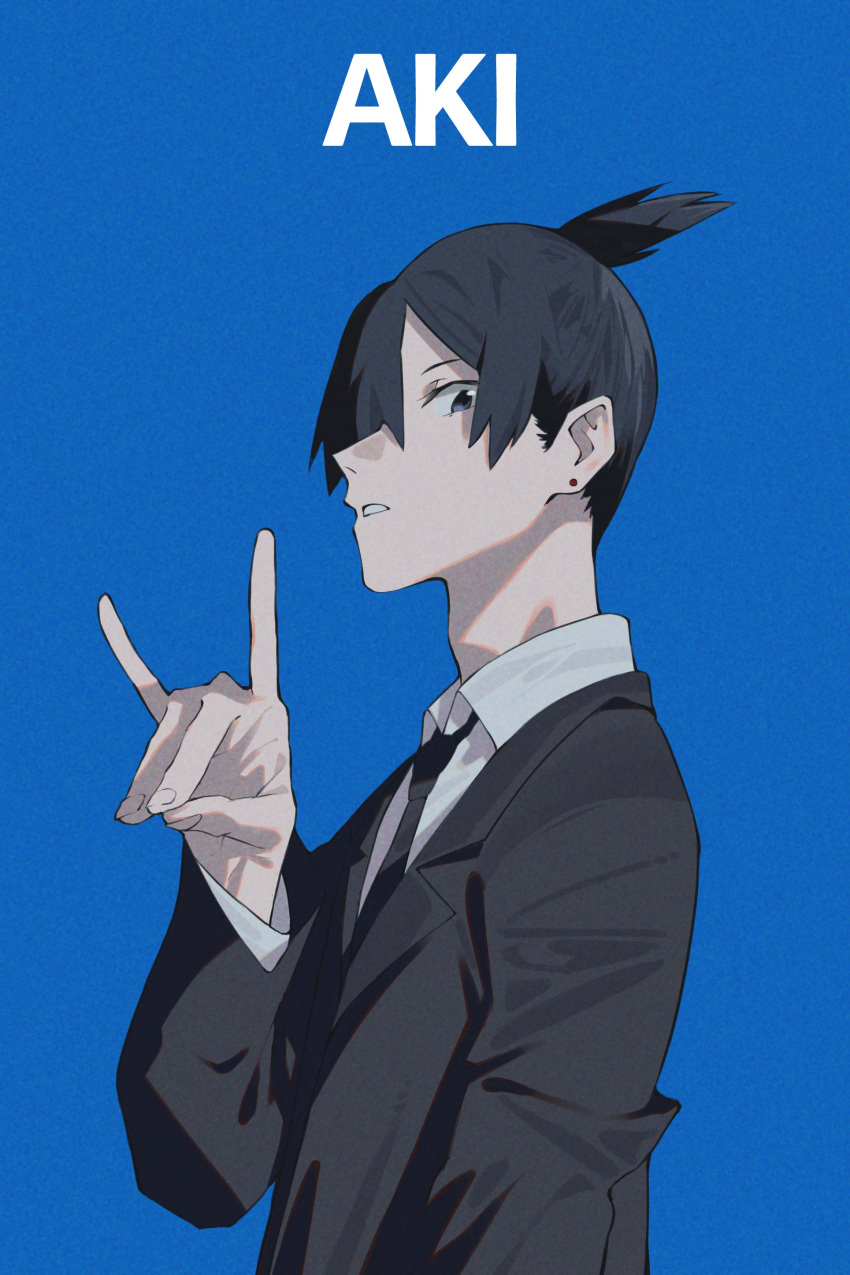 1boy absurdres aoi_(altea0923) bangs black_eyes black_hair black_jacket black_necktie chainsaw_man character_name collared_shirt commentary_request earrings formal fox_shadow_puppet from_side hayakawa_aki highres jacket jewelry long_sleeves looking_at_viewer male_focus necktie one_eye_covered open_mouth profile shirt short_hair simple_background solo standing stud_earrings suit topknot upper_body white_shirt
