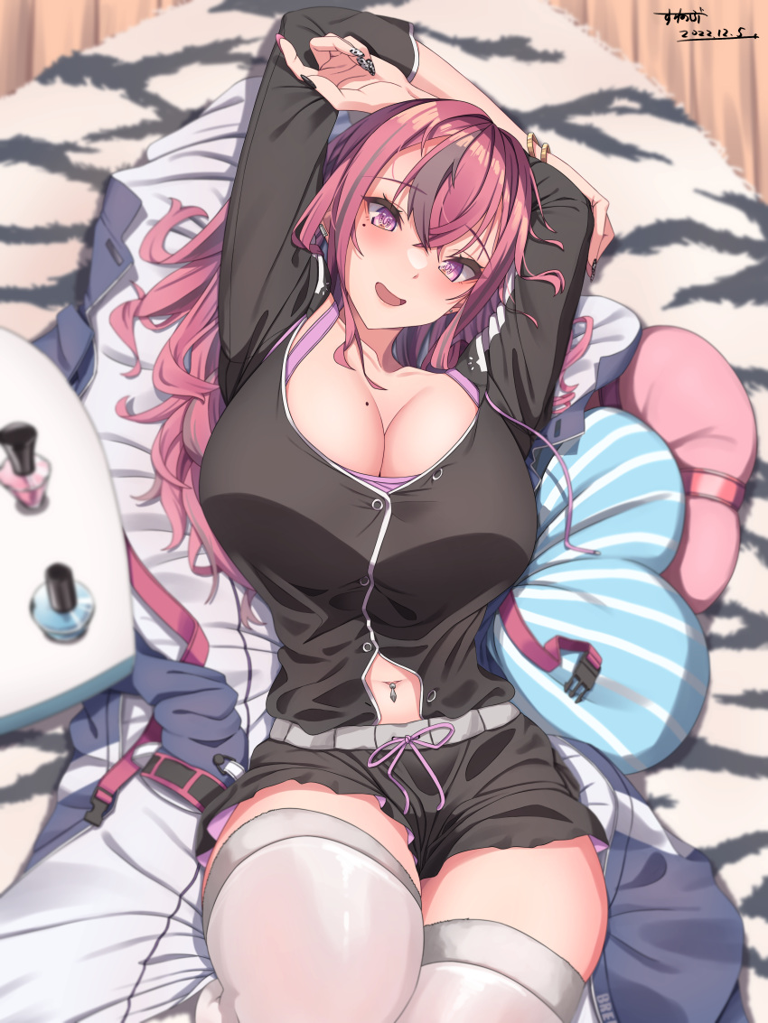 1girl :d absurdres arms_up azur_lane bangs black_jacket black_shorts blush breasts bremerton_(azur_lane) bremerton_(relaxation_consultation)_(azur_lane) cleavage clothing_cutout collarbone commentary_request cowboy_shot dated gold_bracelet grey_hair hair_between_eyes hair_down head_tilt highres jacket jacket_removed large_breasts long_hair long_sleeves looking_at_viewer lying mole mole_on_breast mole_under_eye multicolored_hair nail_art nail_polish_bottle navel navel_cutout navel_piercing official_alternate_costume official_alternate_hairstyle on_back open_mouth partial_commentary piercing pillow pink_eyes pink_hair purple_tank_top rug shadow short_shorts shorts sidelocks signature smile solo streaked_hair sunebu_(snake_boo2) table tank_top thighhighs thighs two-tone_hair white_thighhighs