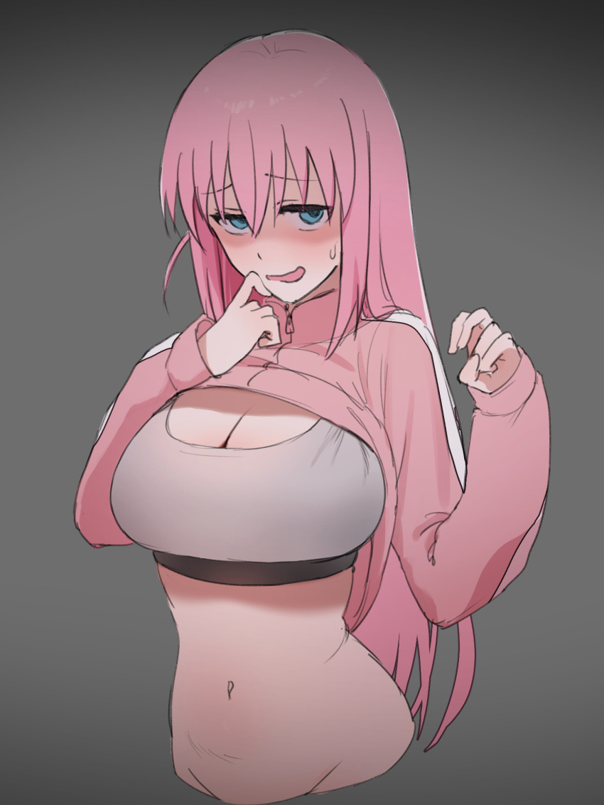 1girl blue_eyes bocchi_the_rock! breasts cleavage cropped_torso gotou_hitori grey_background hair_between_eyes highres jacket jacket_lift large_breasts long_hair long_sleeves looking_at_viewer navel neko_(pixiv28238559) open_mouth pink_hair pink_jacket simple_background solo sports_bra track_jacket upper_body