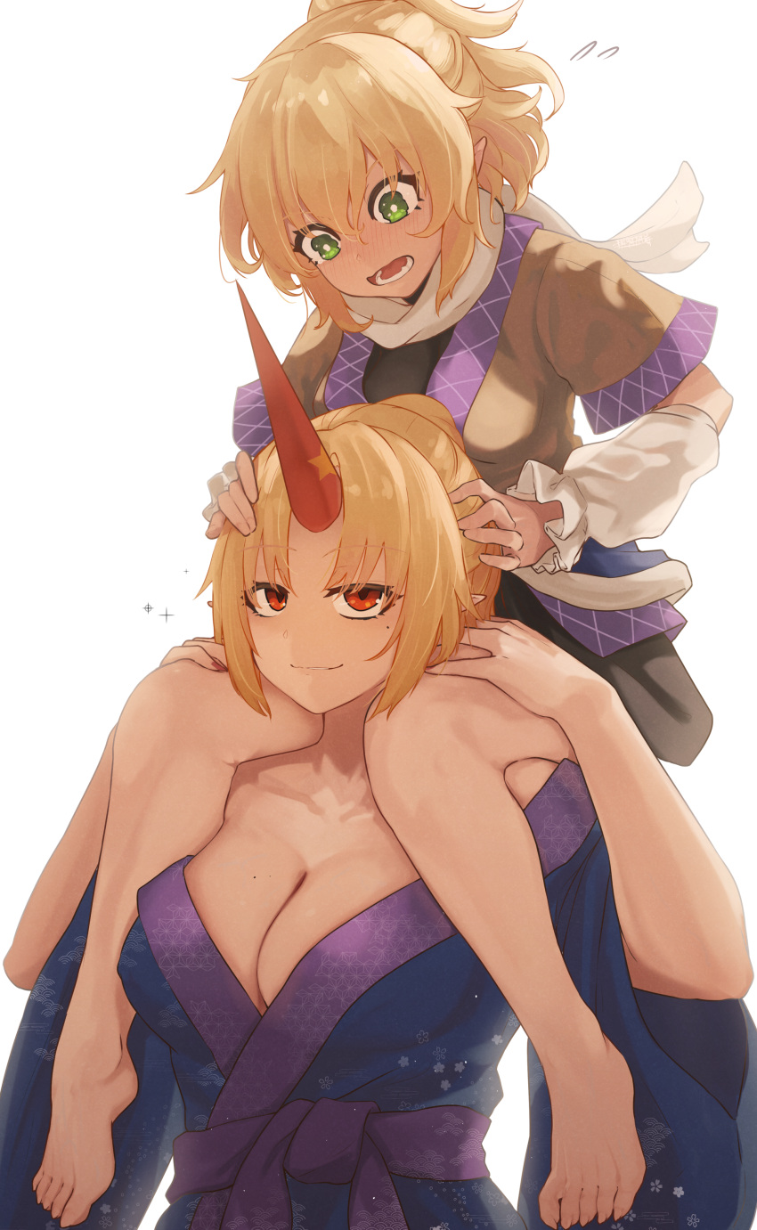 2girls absurdres barefoot black_skirt blonde_hair blue_kimono blush breasts brown_shirt cleavage closed_mouth collarbone green_eyes hair_between_eyes highres horns hoshiguma_yuugi hoshiguma_yuugi_(promo) japanese_clothes kimono large_breasts long_hair long_sleeves mizuhashi_parsee multiple_girls open_mouth pointy_ears red_eyes red_horns senzaicha_kasukadoki shirt short_hair short_sleeves simple_background single_horn skirt smile touhou white_background wide_sleeves