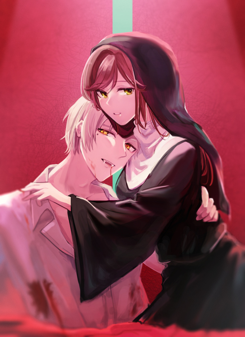 1boy 1girl :d bangs black_dress blood blood_on_clothes blood_on_face brown_hair collared_shirt dress fangs green_eyes highres long_sleeves looking_at_viewer mole mole_under_eye nun open_mouth remosea rosa_(tears_of_themis) shirt short_hair smile tears_of_themis vampire veil vyn_richter_(tears_of_themis) white_hair white_shirt yellow_eyes