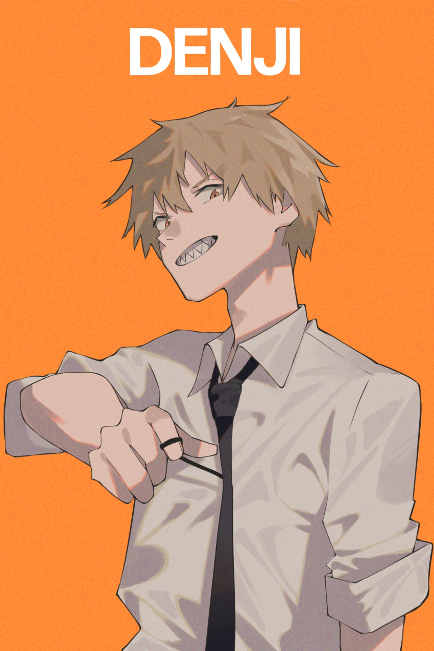1boy absurdres aoi_(altea0923) bangs black_necktie blonde_hair chainsaw_man character_name collared_shirt commentary_request denji_(chainsaw_man) hair_between_eyes hand_up highres holding long_bangs long_sleeves looking_at_viewer male_focus necktie open_mouth orange_background sharp_teeth shirt short_hair simple_background sleeves_rolled_up smile solo teeth upper_body white_shirt yellow_eyes