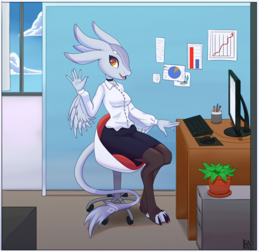 3_toes 4_ears anthro avali avian bottomwear breasts chair clothing cloud computer computer_keyboard computer_mouse computer_screen desk dragon feathered_arms feathered_dragon feathers feet female furniture gesture hi_res leaniv legwear looking_at_viewer microsoft microsoft_excel microsoft_office multi_ear naaka non-mammal_breasts office office_chair on_chair pantyhose pencil_holder plant sitting sitting_on_chair skirt smile solo table tail_feathers toes topwear waving waving_at_viewer wings yellow_eyes