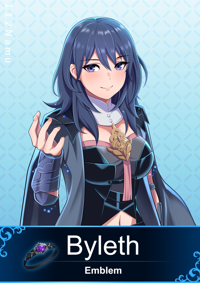 1girl absurdres bangs black_shirt blue_background blue_hair bracer breasts byleth_(fire_emblem) byleth_(fire_emblem)_(female) character_name clothing_cutout commentary_request fire_emblem fire_emblem:_three_houses hand_up highres jewelry large_breasts long_hair looking_at_viewer namu_(112namu) navel navel_cutout purple_eyes ring shirt smile solo upper_body