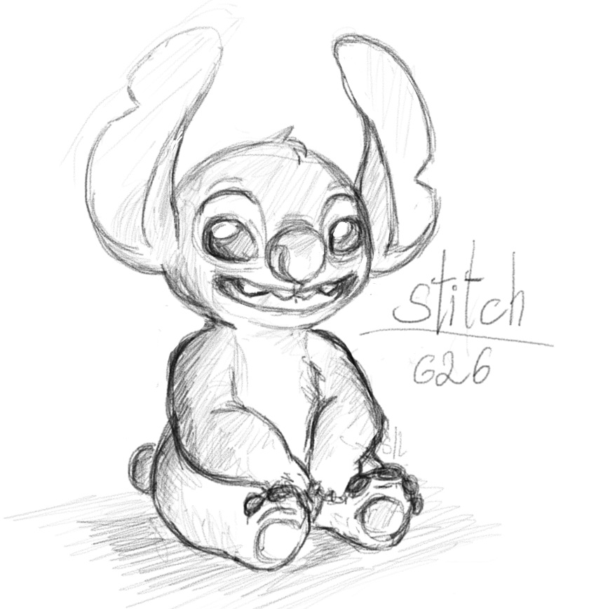 2022 4_toes absurd_res alien ambiguous_gender character_name chest_tuft disney english_text experiment_(lilo_and_stitch) feet fur greyscale head_tuft hi_res lilo_and_stitch looking_at_viewer male_(lore) monochrome notched_ear open_mouth open_smile pawpads simple_background sitting sketch small_tail smile solar-lens solo stitch_(lilo_and_stitch) text toes tuft white_background
