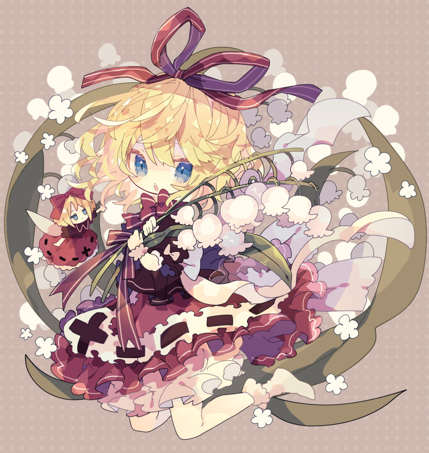 1girl :o blonde_hair bloomers blue_eyes bow bowtie doll dress flower frills hair_between_eyes hair_ribbon highres holding holding_plant lily_of_the_valley looking_at_viewer medicine_melancholy medium_hair nikorashi-ka no_shoes one-hour_drawing_challenge open_mouth plant red_bow red_bowtie red_dress red_ribbon ribbon socks solo su-san teeth touhou underwear upper_teeth white_bloomers white_flower white_socks wrist_cuffs