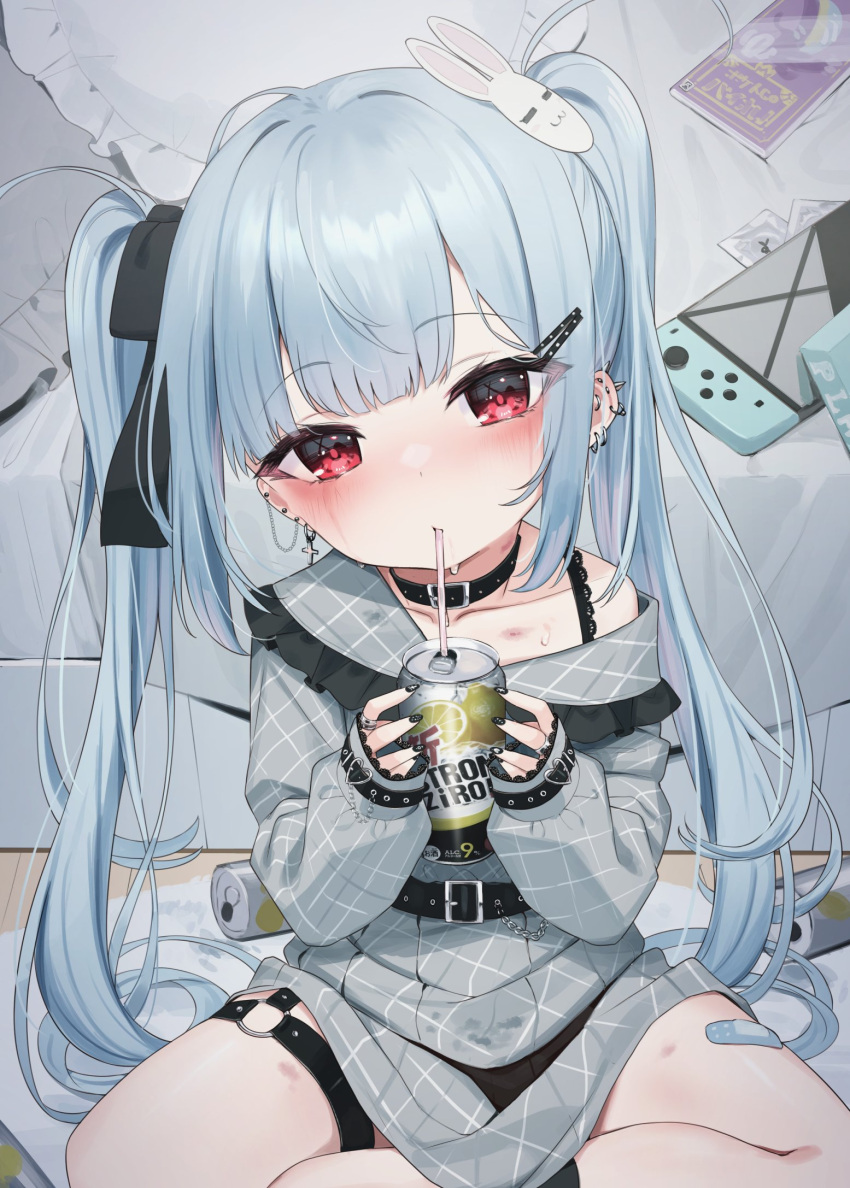 1girl black_bow black_nails blue_hair blush bow can closed_mouth collarbone commentary_request drinking_straw ear_piercing grey_shirt grey_skirt hair_bow hair_ornament hairclip head_tilt highres holding holding_can indoors long_hair long_sleeves looking_at_viewer nail_polish nintendo_switch o-ring off_shoulder on_floor original piercing pleated_skirt puffy_long_sleeves puffy_sleeves rabbit_hair_ornament red_eyes shirt sitting skirt sleeves_past_wrists solo strong_zero tsukiman twintails very_long_hair