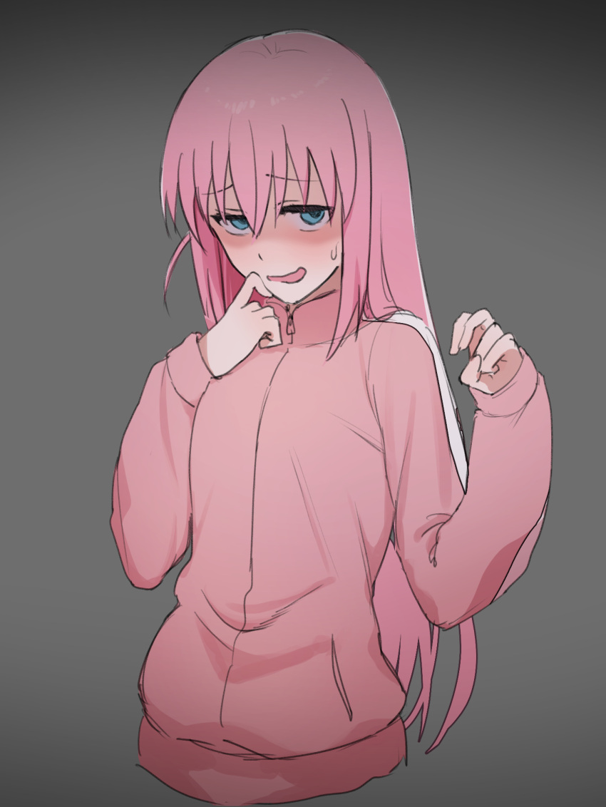 1girl blue_eyes bocchi_the_rock! cropped_torso gotou_hitori grey_background hair_between_eyes highres jacket long_hair long_sleeves looking_at_viewer neko_(pixiv28238559) open_mouth pink_hair pink_jacket simple_background solo track_jacket upper_body