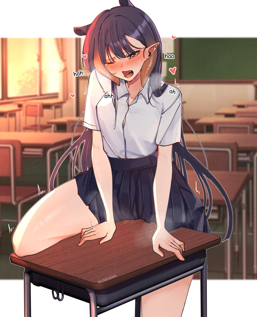 1girl absurdres blush chair chalkboard crotch_rub dress_shirt drooling heart heavy_breathing highres hololive hololive_english keisea long_hair masturbation ninomae_ina'nis one_eye_closed open_mouth pointy_ears purple_hair pussy_juice school_uniform shirt skirt solo steam sweat table_sex tentacle_hair virtual_youtuber window