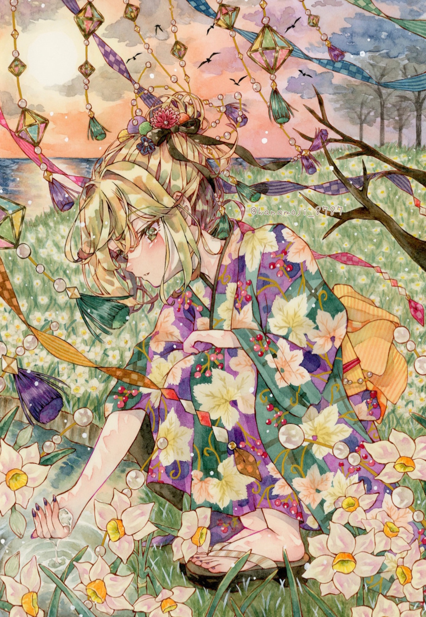 1girl bangs bird black_footwear black_ribbon blue_flower blue_ribbon blush brown_eyes checkered_ribbon cherry_print cloud cloudy_sky cupping_hand dusk fingernails floral_print flower food_print grass hair_bobbles hair_flower hair_ornament hair_ribbon hairstyle_request hanamoji_8787 hanging_lantern highres holding_water horizon japanese_clothes kimono landscape lantern light_brown_hair lily_(flower) long_fingernails looking_at_object medium_hair multicolored_clothes multicolored_kimono multicolored_sky nature on_ground orange_ribbon orange_sky original outdoors painting_(medium) parted_lips pink_flower pink_ribbon pond print_kimono purple_kimono purple_nails purple_ribbon rhombus ribbon shiny shiny_hair sky solo squatting traditional_media tree water watercolor_(medium) white_flower wide_sleeves yellow_ribbon