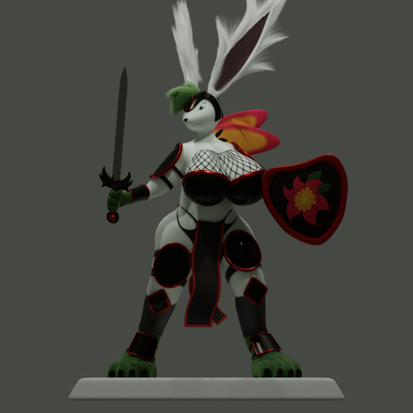 1:1 3d_(artwork) 4_toes 5_fingers anthro armor armor_pads big_breasts bottomwear breast_armor breasts claws clothing digital_media_(artwork) feet female fingers floral_markings generation_4_pokemon grey_background hi_res knight legendary_pokemon loincloth looking_aside markings melee_weapon nintendo pedestal pokemon pokemon_(species) shaymin shield simple_background sky_forme_shaymin solo sword the_tao_swordsman toes val_sky'za video_games warrior weapon