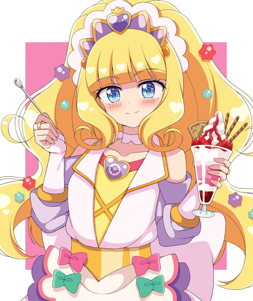 1girl bangs blonde_hair blue_eyes blunt_bangs blush brooch choker cure_finale delicious_party_precure food heart_brooch high_ponytail highres ice_cream jewelry kasai_amane keima_(mfng4224) long_hair magical_girl precure sidelocks smile solo sorbet_(food) spoon white_choker