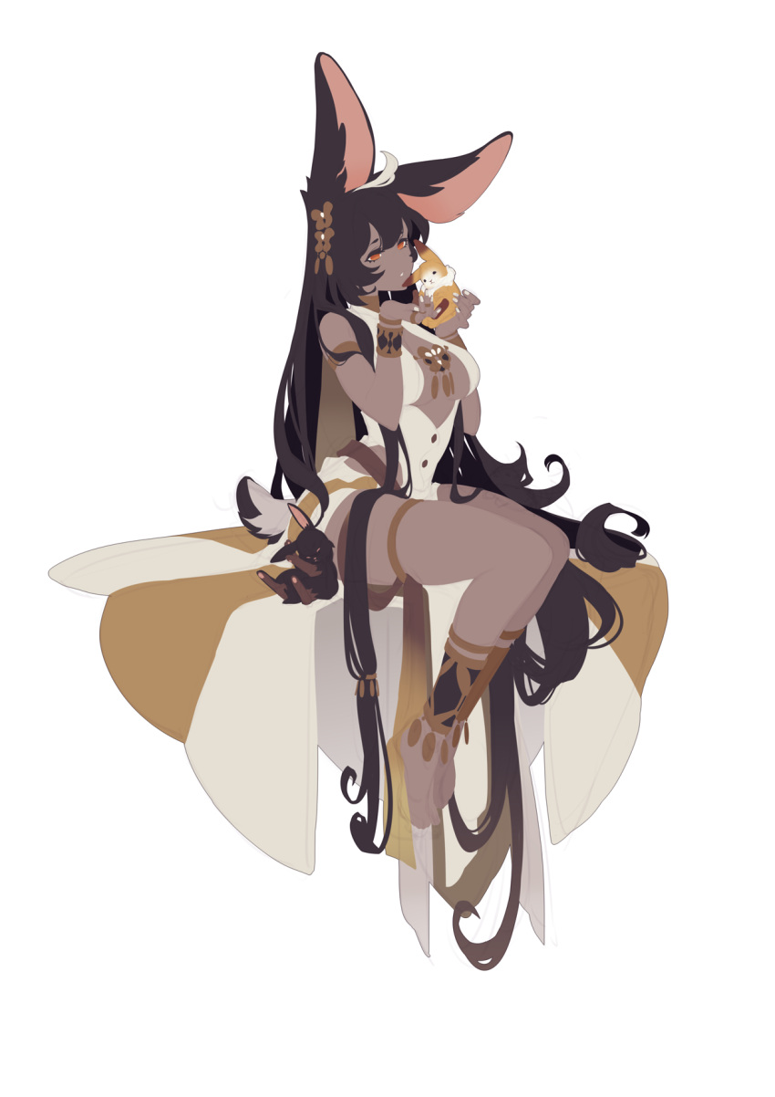 1girl 7an.zi :&lt; ^_^ absurdly_long_hair animal animal_ears armlet bangs bare_shoulders barefoot black_eyes black_hair bracelet breasts butterfly_hair_ornament buttons chinese_commentary closed_eyes closed_mouth commentary_request dark-skinned_female dark_skin dress full_body gold hair_ornament half-closed_eyes hands_up highres holding holding_animal jewelry legs legs_together long_hair medium_breasts multicolored_hair nail_polish orange_eyes original parted_lips pawpads rabbit rabbit_ears rabbit_girl rabbit_tail shin_guards sidelocks simple_background sitting sketch sleeveless sleeveless_dress solo tail thighlet thighs two-tone_hair very_long_hair white_background white_dress white_hair white_nails