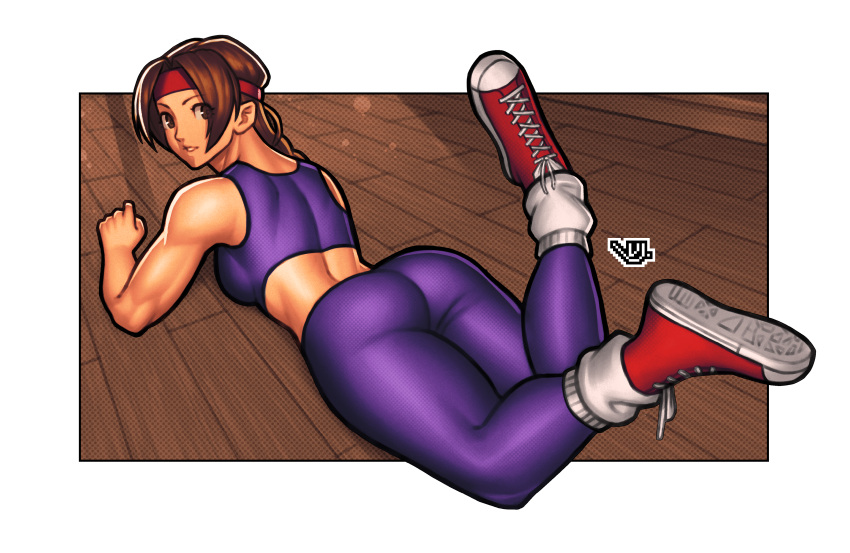 1girl absurdres ass braid breasts brown_eyes brown_hair from_behind full_body headband high_tops highres long_braid long_hair looking_at_viewer looking_back loose_socks lying medium_breasts muscular muscular_female on_stomach pantyhose purple_pantyhose purple_sports_bra red_footwear red_headband ryuuko_no_ken shoes single_braid sleeveless sneakers socks socks_over_pantyhose solo spandex sports_bra the_king_of_fighters thick_thighs thighs vj99 yuri_sakazaki