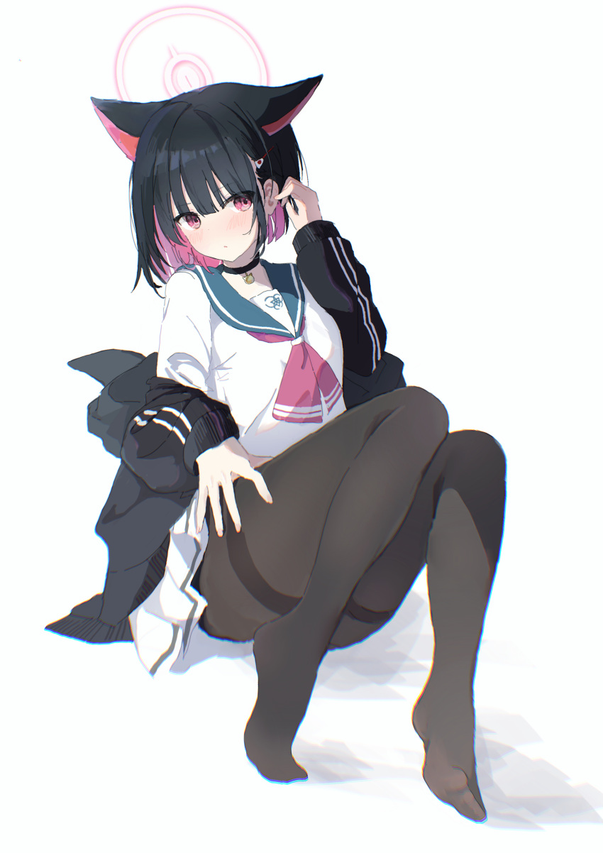 1girl :o absurdres animal_ears bangs black_choker black_hair black_jacket black_pantyhose blue_archive blunt_bangs blush cat_ears choker colored_inner_hair commentary green_sailor_collar hair_ornament hairclip hairpin halo hand_on_own_thigh hand_up highres hood hooded_jacket jacket jacket_partially_removed kazusa_(blue_archive) knees_up long_sleeves looking_at_viewer multicolored_hair neckerchief no_shoes nujii open_clothes pantyhose pink_eyes pink_hair pink_neckerchief pleated_skirt sailor_collar school_uniform serafuku short_hair simple_background sitting skirt solo symbol-only_commentary two-tone_hair white_background white_skirt