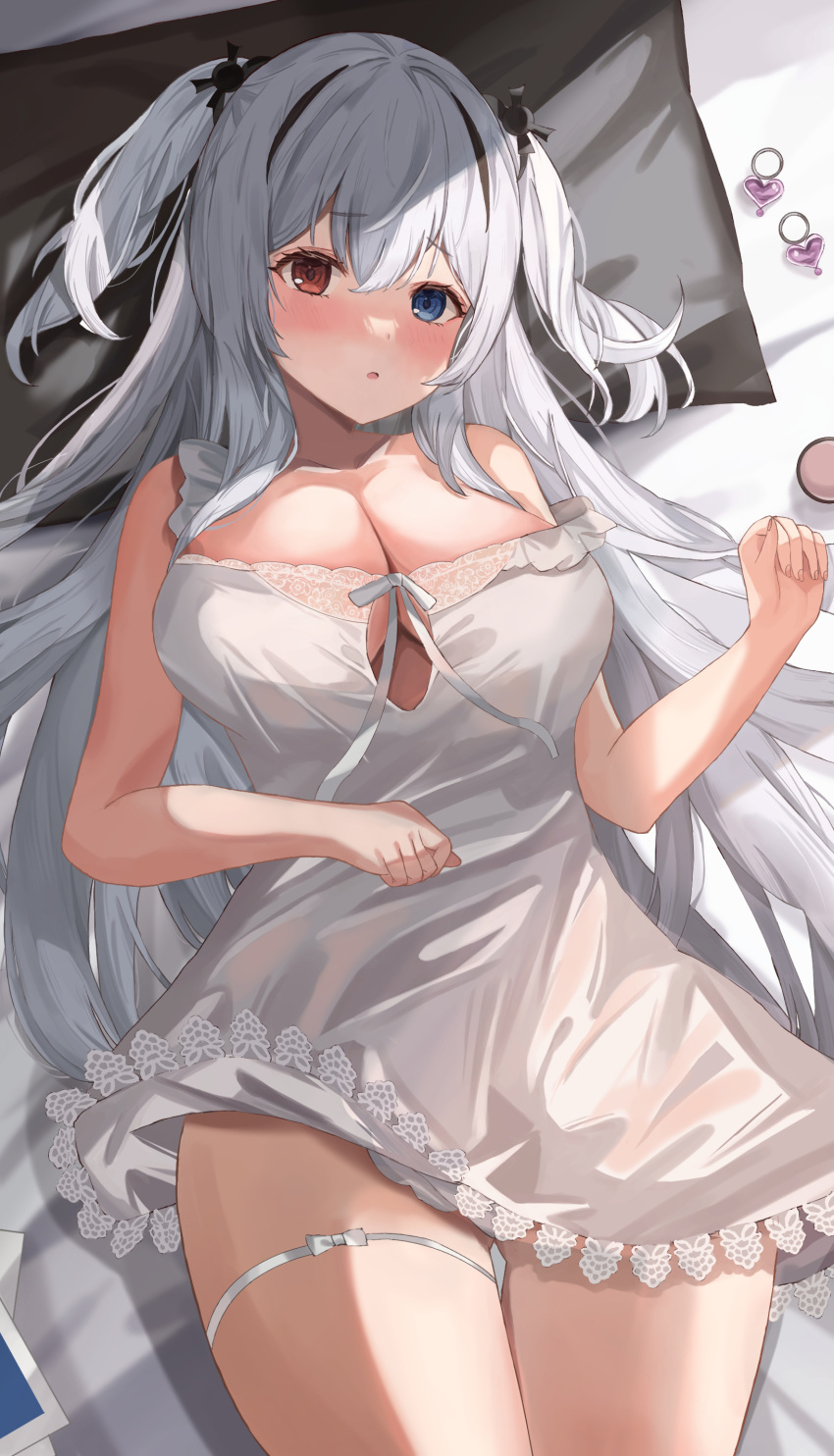 1girl absurdres azur_lane blue_eyes breasts cleavage clothing_cutout dress earrings elbing_(azur_lane) elbing_(sleepless_night's_wishes)_(azur_lane) heart heart_earrings heterochromia highres jewelry lace-trimmed_dress lace_trim long_hair lying nightgown official_alternate_costume on_back on_bed pillow red_eyes thigh_strap two_side_up underboob_cutout watage_tanpopo white_hair white_nightgown