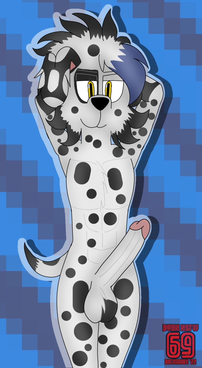 101_dalmatian_street 101_dalmatians abs anthro balls big_balls big_penis canid canine canis dalmatian disney domestic_dog dvan_(character) dvan_arts_(artist) fan_character genitals hi_res male mammal nude pecs penis pinup pose presenting smile solo thick_thighs