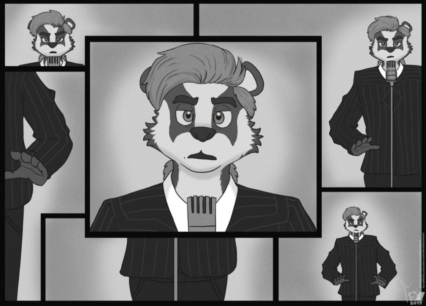 2019 5_fingers anthro badger black_body black_clothing black_eyebrows black_fur black_nose cheek_tuft clothing countershade_face countershading eyebrows facial_markings facial_tuft fingers fur grey_eyes grey_hair greyscale hair half-closed_eyes head_markings looking_at_viewer male mammal markings microphone monochrome multiple_positions mustelid musteline narrowed_eyes pinstripes sammfeatblueheart scatmans_world_(song) signature solo suit tuft white_body white_clothing white_fur