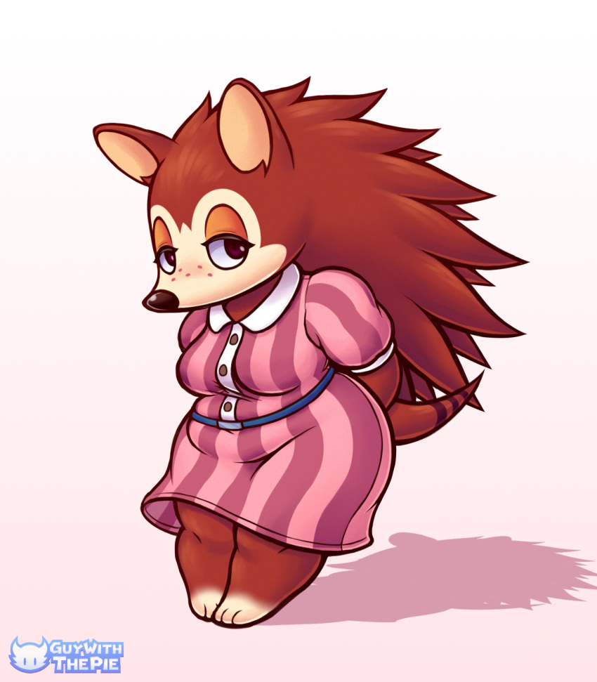 2022 animal_crossing blush breasts brown_body clothing dress eulipotyphlan female gradient_background guywiththepie hands_behind_back hedgehog hi_res looking_at_viewer mammal nintendo purple_clothing purple_dress sable_able signature simple_background slightly_chubby solo standing thick_thighs video_games