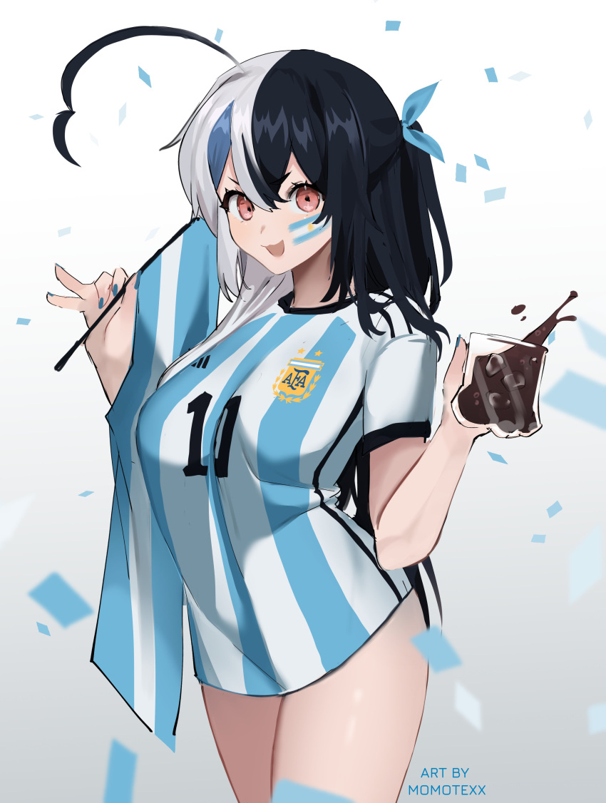 1girl 2022_fifa_world_cup absurdres ahoge argentina argentinian_flag artist_name black_hair blue_hair blue_nails breasts confetti facepaint flag hair_between_eyes highres holding holding_flag indie_virtual_youtuber large_breasts long_hair looking_at_viewer momote momote_(vtuber) multicolored_hair naked_shirt no_pants open_mouth red_eyes shirt short_sleeves smile soccer soccer_uniform solo split-color_hair sportswear streaked_hair t-shirt two-tone_hair two_side_up v-shaped_eyebrows very_long_hair virtual_youtuber white_hair world_cup