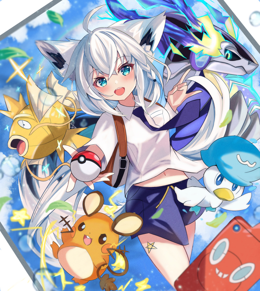 1girl absurdres ahoge alternate_color animal_ear_fluff animal_ears bangs blue_necktie blue_shorts blush braid cellphone commentary_request dedenne fox_ears fox_girl fox_shadow_puppet fox_tail green_eyes hair_between_eyes highres holding holding_poke_ball hololive long_hair long_sleeves looking_at_viewer magikarp midriff miraidon navel necktie open_mouth outstretched_arm pentagram phone poke_ball pokemon pokemon_(game) pokemon_sv quaxly shiny_pokemon shirakami_fubuki shirt shorts sidelocks single_braid soma443 tail virtual_youtuber white_hair white_shirt