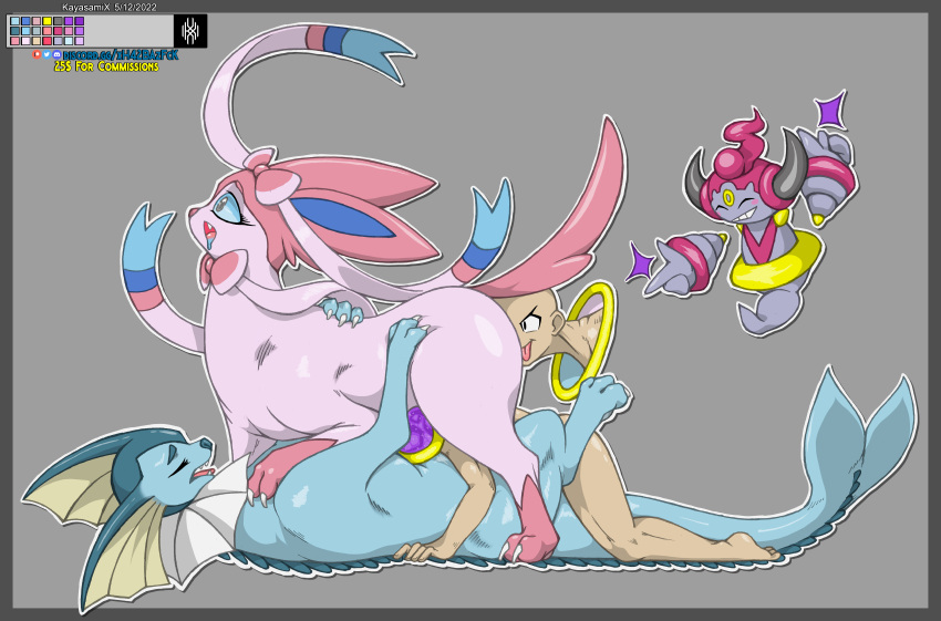 2022 absurd_res canid canine cetacean claws colored detailed duo ears_back eevee eeveelution embrace eyes_closed female female/female feral fin floating from_front_position generation_1_pokemon generation_6_pokemon group group_sex hi_res hoopa horn hug human interspecies kayasamix legendary_pokemon logo looking_pleasured lying male male/female mammal marine missionary_position nintendo on_back open_mouth orgasm orgasm_face orgy pivoted_ears pokemon pokemon_(species) pokemon_trainer pokephilia portal raised_tail ring sex simple_background smile sucking sylveon tail_fin text tongue tongue_out toony traditional_media_(artwork) trio vaporeon video_games