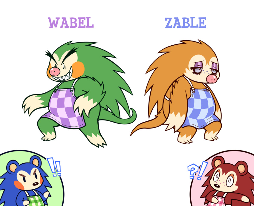 2022 angry animal_crossing anthro apron apron_only blue_body brown_body clothing coendou erethizontid eulipotyphlan exclamation_point female green_body group guywiththepie hedgehog hi_res lidded_eyes mabel_able mammal mostly_nude nintendo porcupine question_mark rodent sable_able sharp_teeth sibling simple_background sister sisters surprise teeth text tired video_games white_background yellow_body