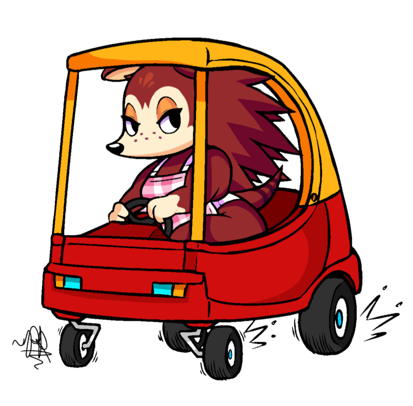 1:1 2022 animal_crossing anthro apron apron_only brown_body clothing colored cozy_coupe digital_drawing_(artwork) digital_media_(artwork) driving edit female guywiththepie hi_res humor lesmallow looking_at_viewer mostly_nude nintendo sable_able simple_background solo toy_car video_games white_background