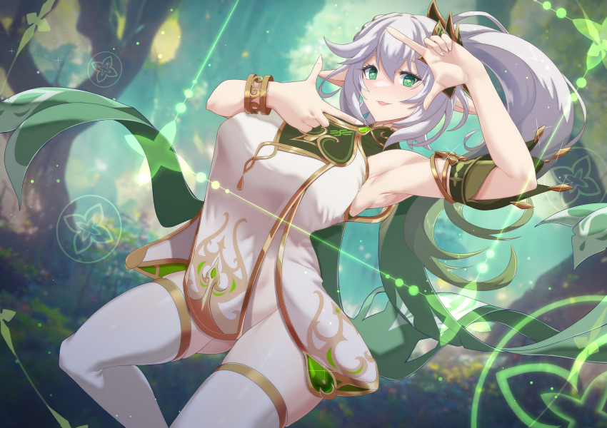 1girl absurdres aged_up bangs bare_shoulders blush bracelet braid breasts cape crown_braid dress forest genshin_impact gradient_hair green_cape green_eyes green_hair hair_ornament highres jewelry large_breasts leaf_hair_ornament long_hair looking_at_viewer multicolored_hair nahida_(genshin_impact) nature open_mouth pointy_ears side_ponytail sidelocks sleeveless sleeveless_dress smile solo symbol-shaped_pupils thighs torahime_(roland00) tree white_dress white_hair