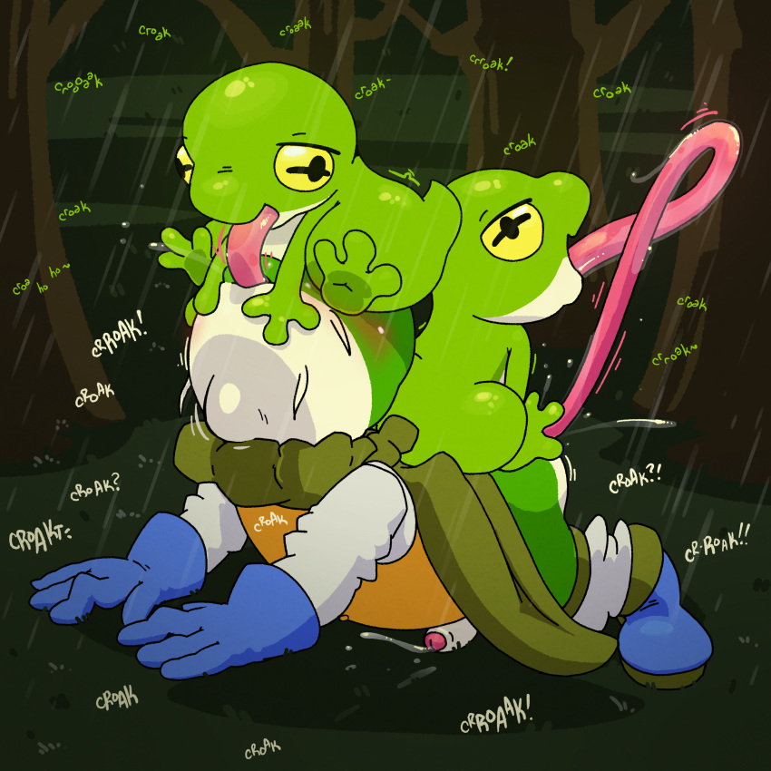 absurd_res ambiguous_gender amphibian anal anal_penetration anthro argon_vile armor bodily_fluids cape chrono_trigger clothing croak cum footwear foreskin frog genital_fluids genitals glenn_(chrono_trigger) gloves handwear hi_res long_tongue male male/ambiguous neck_bulge penetration penis rain_frog_(chrono_trigger) raining shoes square_enix tail tongue tongue_in_ass tongue_in_mouth video_games