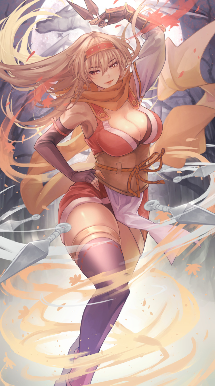 1girl absurdres arms_up belt black_footwear black_gloves black_panties blonde_hair boots breasts brown_cape cape cleavage clothes_lift commission commissioner_upload dark-skinned_female dark_skin dragon dress elbow_gloves eposhim fingerless_gloves fire_emblem fire_emblem:_the_binding_blade fire_emblem_heroes forehead_protector forest full_body full_moon gloves hand_on_hip highres igrene_(fire_emblem) kunai large_breasts long_hair looking_to_the_side mature_female mole mole_under_eye moon multiple_belts nature night night_sky ninja non-web_source official_alternate_costume panties pantyshot pelvic_curtain pelvic_curtain_lift plunging_neckline red_dress sandals scarf short_dress skeb_commission sky smile solo tan thigh_boots thighhighs thighs underwear weapon wyvern yellow_eyes zettai_ryouiki