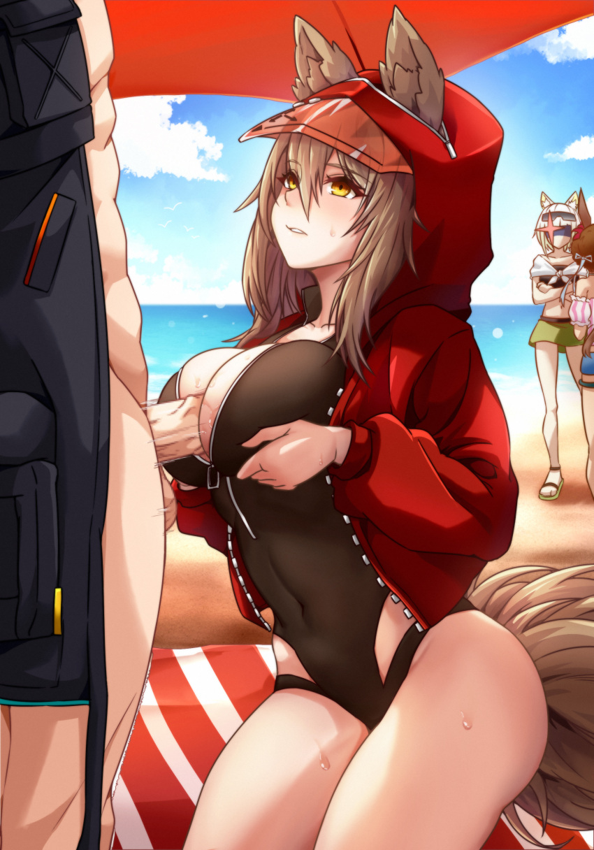 1boy 3girls absurdres amiya_(arknights) animal_ears arknights beach black_one-piece_swimsuit blush breast_hold breasts censored doctor_(arknights) erection grey_hair hetero highres jacket kal'tsit_(arknights) large_breasts long_hair long_sleeves male_doctor_(arknights) mosaic_censoring multiple_girls naked_jacket official_alternate_costume one-piece_swimsuit open_clothes open_jacket outdoors paizuri penis perpendicular_paizuri projekt_red_(arknights) projekt_red_(light_breeze)_(arknights) public_indecency red_jacket solo_focus swimsuit tail testicles wolf_ears wolf_girl wolf_tail xia_wanzi yellow_eyes