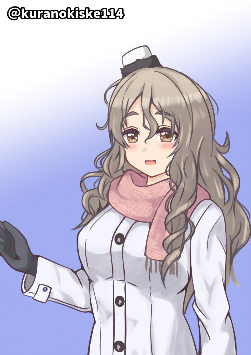 1girl black_gloves brown_eyes coat commentary_request gloves grey_hair hair_between_eyes hat highres kantai_collection kurano_kisuke mini_hat official_alternate_costume one-hour_drawing_challenge pink_scarf pola_(kancolle) scarf solo thick_eyebrows twitter_username upper_body upper_bodymedium_breasts wavy_hair white_coat white_headwear