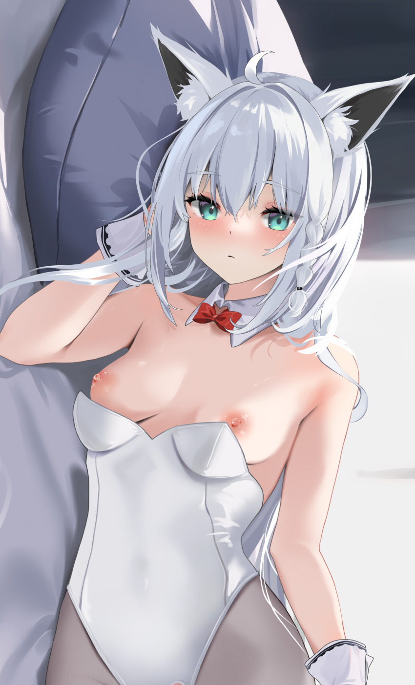 1girl absurdres ahoge animal_ear_fluff animal_ears bangs bed_sheet blush bow bowtie braid breasts commentary_request detached_collar fox_ears fox_girl green_eyes grey_pantyhose hair_between_eyes head_rest highres hololive leotard long_hair looking_at_viewer lying miaohik mixed-language_commentary nipples on_side pantyhose pillow playboy_bunny red_bow red_bowtie shirakami_fubuki sidelocks single_braid small_breasts solo virtual_youtuber white_hair white_leotard wrist_cuffs