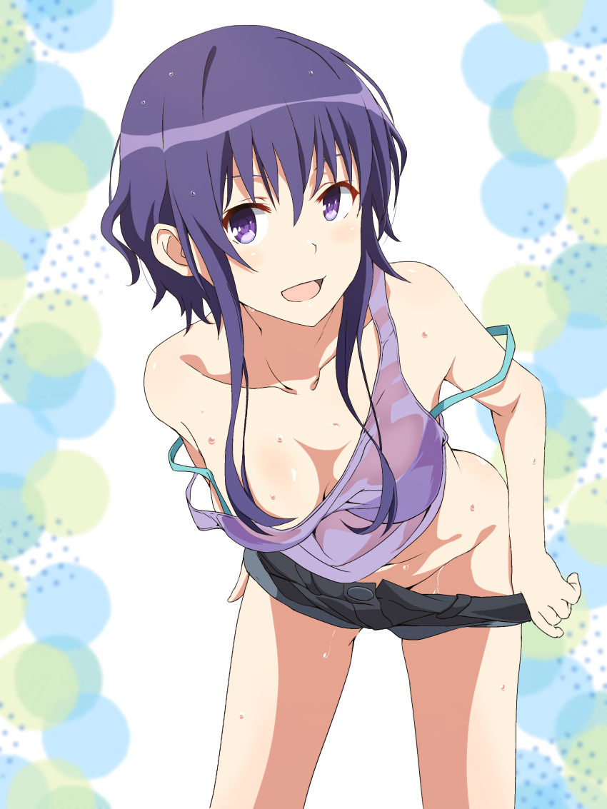 1girl :d absurdres aqua_bra bangs bare_arms bent_over black_shorts bra breasts cleavage clothes_pull collarbone cowboy_shot hair_between_eyes highres hugimosi hyoudou_michiru looking_at_viewer medium_breasts navel no_panties open_mouth pulled_by_self purple_eyes purple_hair purple_tank_top saenai_heroine_no_sodatekata shiny shiny_hair short_hair_with_long_locks short_shorts shorts shorts_pull sidelocks smile solo standing tank_top underwear