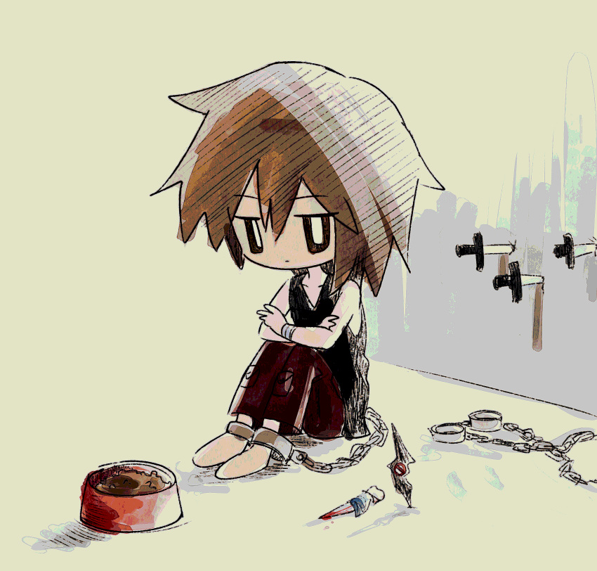 1other androgynous atoymk bandaged_wrist bandages black_tank_top bowl bright_pupils brown_eyes brown_hair chain chibi closed_mouth commentary_request crossed_arms dagger highres knife korean_commentary kurohebi len'en pants pet_bowl red_pants restrained short_hair sitting solo tank_top weapon white_pupils