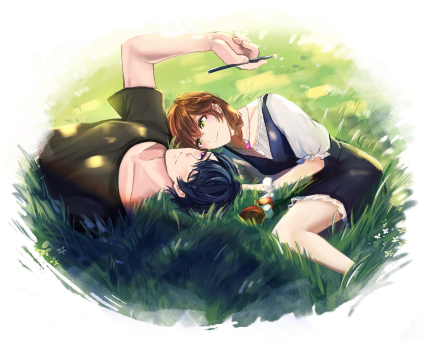 1boy 1girl :d black_dress black_shirt brown_hair dress grass green_eyes grin highres holding holding_pencil jewelry lying marius_von_hagen_(tears_of_themis) necklace on_back on_side one_eye_closed pencil pinafore_dress purple_eyes purple_hair remosea rosa_(tears_of_themis) shirt short_sleeves smile tears_of_themis teeth white_background white_shirt
