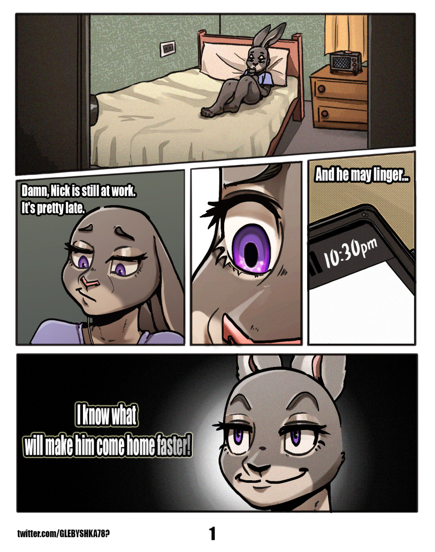 2022 anthro barefoot bed border cellphone clothed clothing comic dialogue disney earbuds english_text feet female fur furniture glebyshka78 grey_body grey_fur headphones hi_res judy_hopps lagomorph leporid mammal on_bed page_number phone pink_nose purple_eyes rabbit shirt smartphone solo text topwear url white_border zootopia