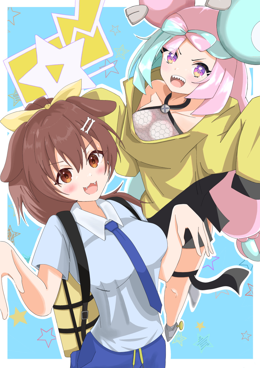 2girls absurdres bow-shaped_hair character_hair_ornament crossover hair_ornament hexagon_print highres hololive inugami_korone iono_(pokemon) jacket long_hair low-tied_long_hair multicolored_hair multiple_girls oversized_clothes pink_eyes pink_hair pokemon pokemon_(game) pokemon_sv rmwt7525 sharp_teeth sleeves_past_fingers sleeves_past_wrists teeth twintails two-tone_hair very_long_hair virtual_youtuber x yellow_jacket