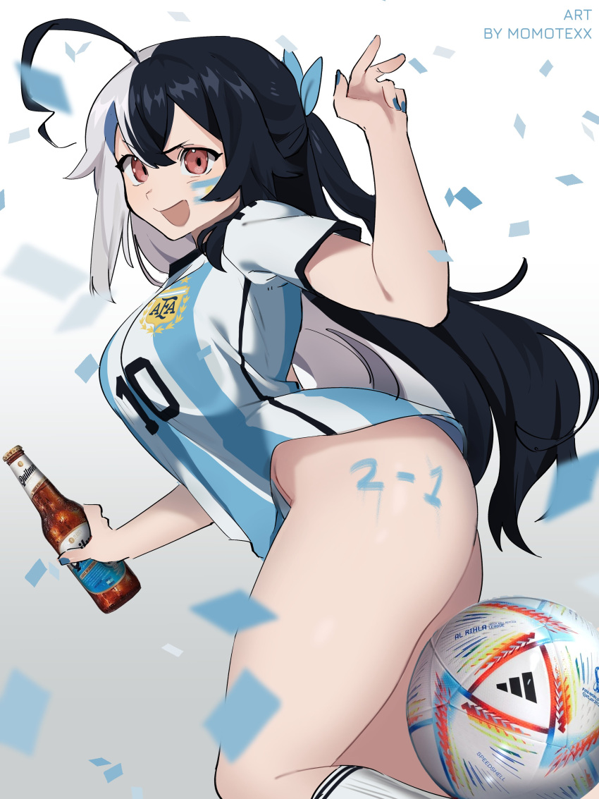 1girl 2022_fifa_world_cup absurdres ahoge argentina argentinian_flag artist_name ass ball beer_bottle black_hair blue_hair blue_nails body_writing bottle breasts confetti facepaint hair_between_eyes highres holding holding_bottle indie_virtual_youtuber large_breasts long_hair looking_at_viewer momote momote_(vtuber) multicolored_hair naked_shirt no_pants open_mouth red_eyes shirt short_sleeves smile soccer soccer_ball soccer_uniform socks solo split-color_hair sportswear streaked_hair t-shirt thighs two-tone_hair two_side_up v-shaped_eyebrows very_long_hair virtual_youtuber white_hair white_socks world_cup