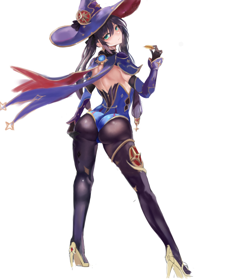 1girl absurdres aimu_(angry9565) ass blue_leotard capelet contrapposto from_behind full_body genshin_impact gloves gold_trim green_eyes hand_up hat high_heels highres holding leotard looking_at_viewer looking_back mona_(genshin_impact) pantyhose purple_hair simple_background solo thighlet twintails vision_(genshin_impact) white_background witch_hat