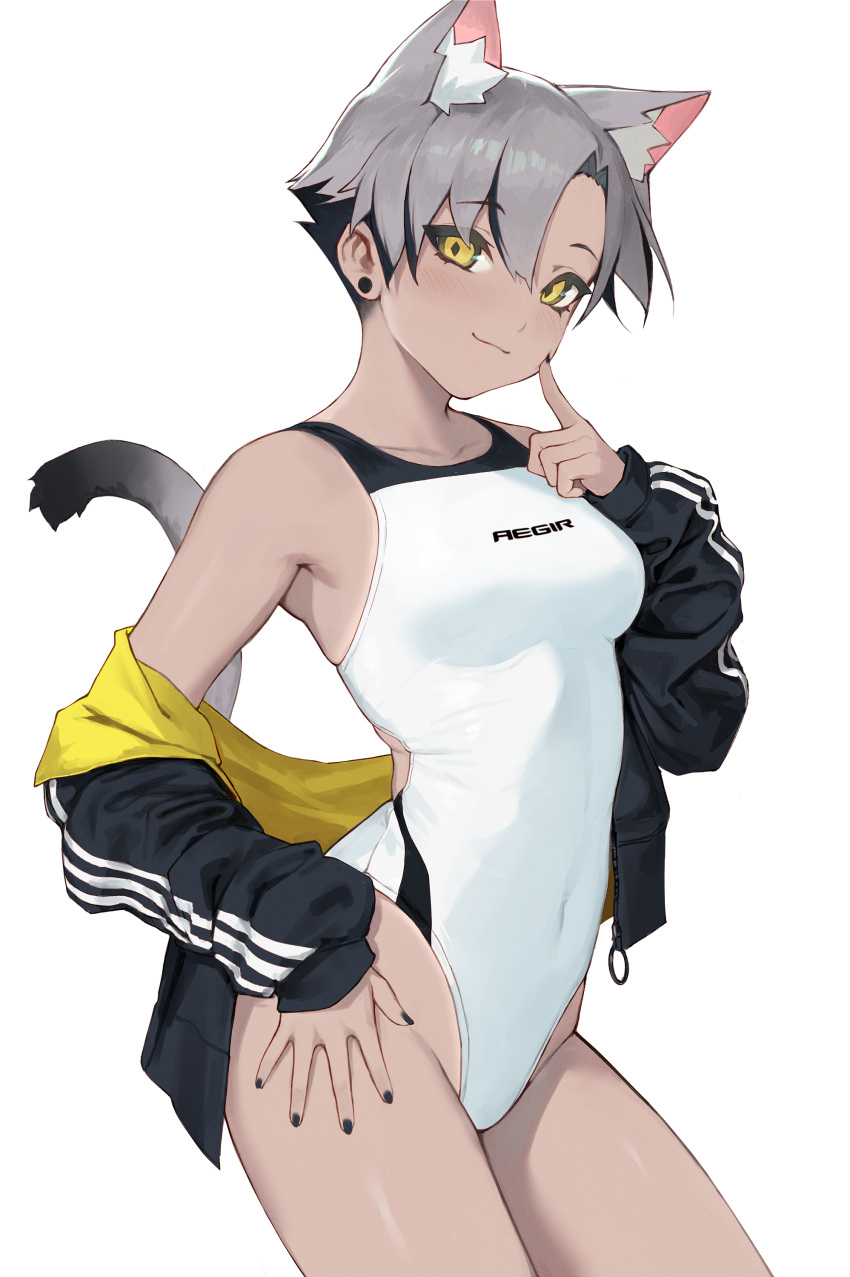 absurdres animal_ears cat_ears competition_swimsuit dark_skin highres one-piece_swimsuit original smug swimsuit vertigris white_one-piece_swimsuit