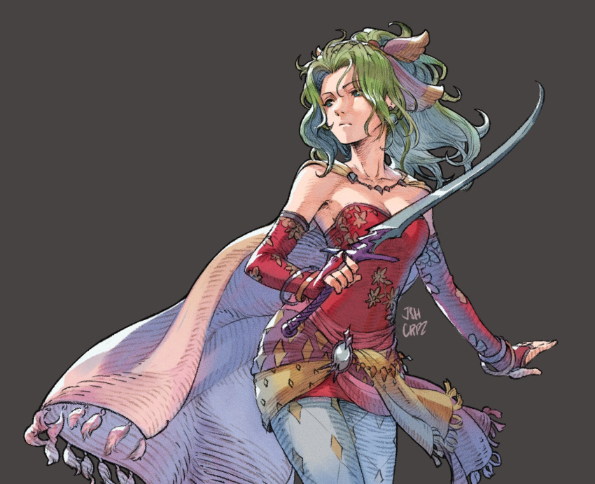 1girl argyle_pantyhose artist_name bangs bare_shoulders blue_eyes bracelet breasts bridal_gauntlets cape cleavage collarbone cowboy_shot detached_sleeves dress earrings final_fantasy final_fantasy_vi green_hair grey_background hair_ribbon highres holding holding_sword holding_weapon jewelry josh_corpuz long_hair looking_back medium_breasts parted_bangs ponytail red_dress red_sleeves ribbon short_dress solo strapless strapless_dress sword tina_branford tube_dress waist_sash wavy_hair weapon