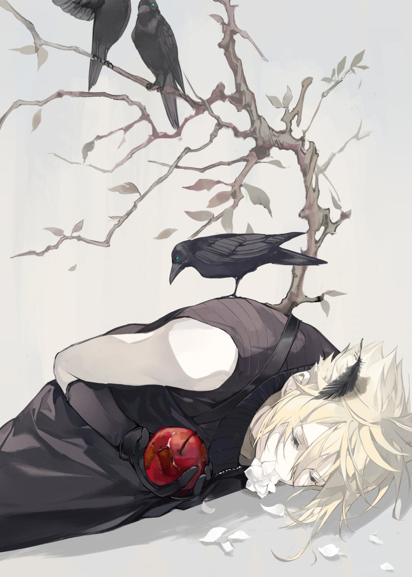 1boy animal animal_on_back apple aqua_eyes bare_shoulders bird black_bird black_feathers black_gloves blonde_hair branch closed_eyes cloud_strife crow falling_petals feathers feet_out_of_frame final_fantasy final_fantasy_vii final_fantasy_vii_advent_children flower flower_in_mouth food fruit gloves grey_shirt hair_between_eyes highres holding holding_food holding_fruit lydiaaa lying male_focus on_stomach petals red_apple shirt short_hair sleeveless sleeveless_shirt solo spiked_hair suspenders tree waist_cape white_flower