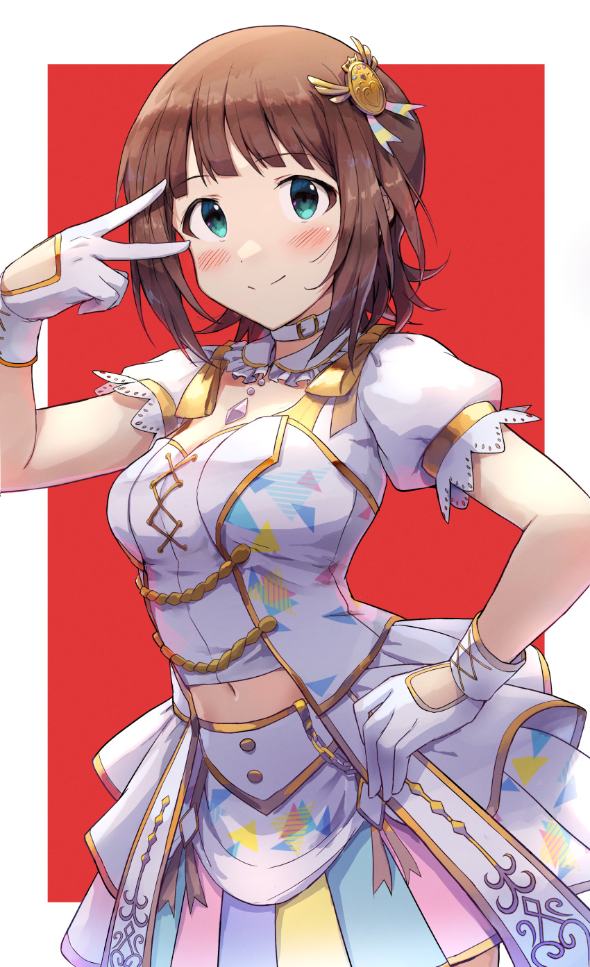1girl absurdres amami_haruka blush border brown_hair closed_mouth collar cowboy_shot crop_top detached_collar gloves green_eyes hair_ornament hand_on_hip highres idolmaster idolmaster_(classic) jewelry looking_at_viewer midriff miniskirt multicolored_clothes multicolored_skirt navel outside_border overskirt pendant pink_gemstone pleated_skirt red_background shiny shiny_hair short_hair short_sleeves shuucream_(syuichi) skirt smile solo standing stomach v v_over_eye white_border white_collar white_gloves white_sleeves