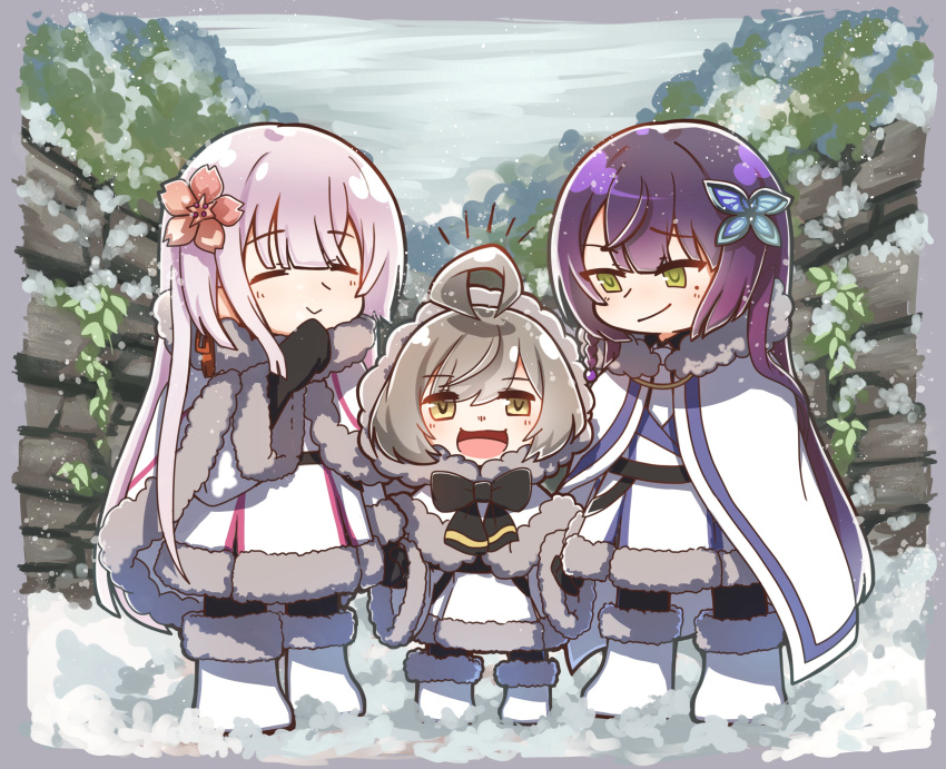 3girls :d =_= absurdres ahoge arm_at_side arms_at_sides assault_lily bangs belt black_belt black_bow black_bowtie black_gloves black_pantyhose blunt_bangs boots border bow bowtie braid butterfly_hair_ornament cape capelet chibi closed_eyes closed_mouth coat commentary_request day flower full_body funada_kiito funada_ui fur-trimmed_boots fur-trimmed_cape fur-trimmed_capelet fur-trimmed_coat fur_trim gloves green_eyes grey_border grey_hair grey_sky hair_between_eyes hair_flower hair_ornament hair_ribbon hand_to_own_mouth hand_up height_difference highres holding_hands hood hood_down hood_up hooded_capelet light_blush long_hair long_sleeves looking_at_another looking_at_viewer looking_down mole mole_under_eye multiple_girls nabezoko_no_okoge notice_lines official_alternate_costume outdoors overcast pantyhose pink_flower purple_hair raised_eyebrow red_ribbon ribbon sasaki_ran siblings side-by-side side_braid sidelocks single_braid sisters smile smirk snow snowing standing very_long_hair white_cape white_capelet white_coat white_footwear wide_sleeves winter winter_clothes