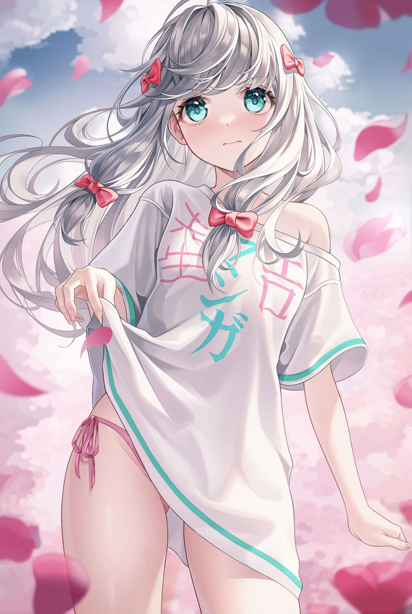 1girl bangs blue_sky bow breasts closed_mouth clothes_lift cloud commentary_request cowboy_shot eromanga_sensei green_eyes grey_hair hair_bow highres izumi_sagiri lifted_by_self lips long_hair looking_at_viewer low-tied_long_hair myless off_shoulder oversized_clothes oversized_shirt panties pedal pink_bow pink_nails pink_panties shirt shirt_lift side-tie_panties sky small_breasts solo straight-on underwear white_shirt