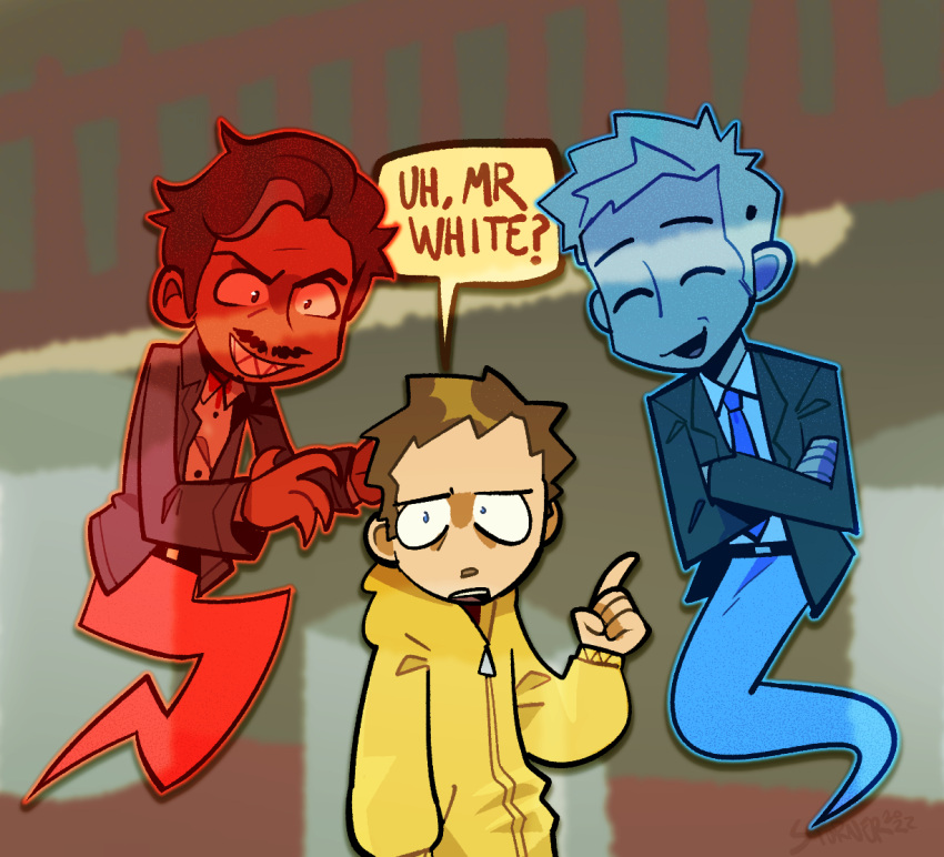 3boys ^_^ ^o^ arm_at_side better_call_saul blazer blue_outline blurry blurry_background breaking_bad brown_hair claw_pose closed_eyes collared_shirt commentary crossed_arms d: dated english_commentary english_text evil evil_grin evil_smile facial_hair facing_viewer floating formal full_body ghost ghost_tail glowing grin gunshot_wound hand_up hands_up hood hood_down howard_hamlin jacket jesse_pinkman lalo_salamanca lapels long_sleeves looking_at_viewer male_focus multiple_boys mustache necktie notched_lapels open_clothes open_jacket open_mouth outline pointing puffy_long_sleeves puffy_sleeves red_outline sharp_teeth shirt signature slaygoodman smile speech_bubble spoilers suit_jacket teeth transparent upper_body upper_teeth v-shaped_eyebrows wide-eyed wing_collar zipper zipper_pull_tab