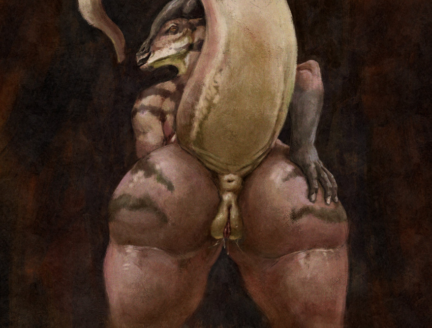 anthro anus bodily_fluids brown_body butt dinosaur female genital_fluids genitals hi_res looking_at_viewer looking_back looking_back_at_viewer nude open_mouth open_smile plump_labia portrait presenting presenting_anus presenting_hindquarters presenting_pussy puffy_anus pussy pussy_juice pussy_juice_string red_labia_minora reptile scalie simple_background smile solo standing striped_body striped_butt striped_shoulders stripes tan_body tan_pussy tan_tail three-quarter_portrait unsigned upai wide_hips